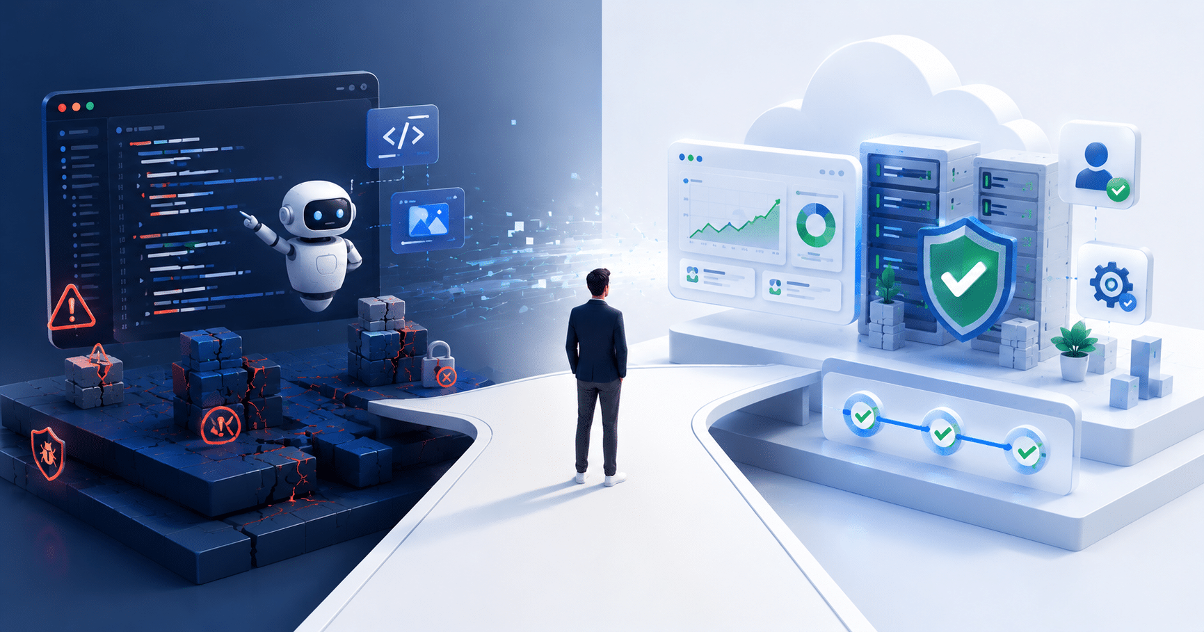 Is vibe coding enough for production software? Illustration comparing an AI-generated prototype with professionally engineered software for secure, scalable production systems.