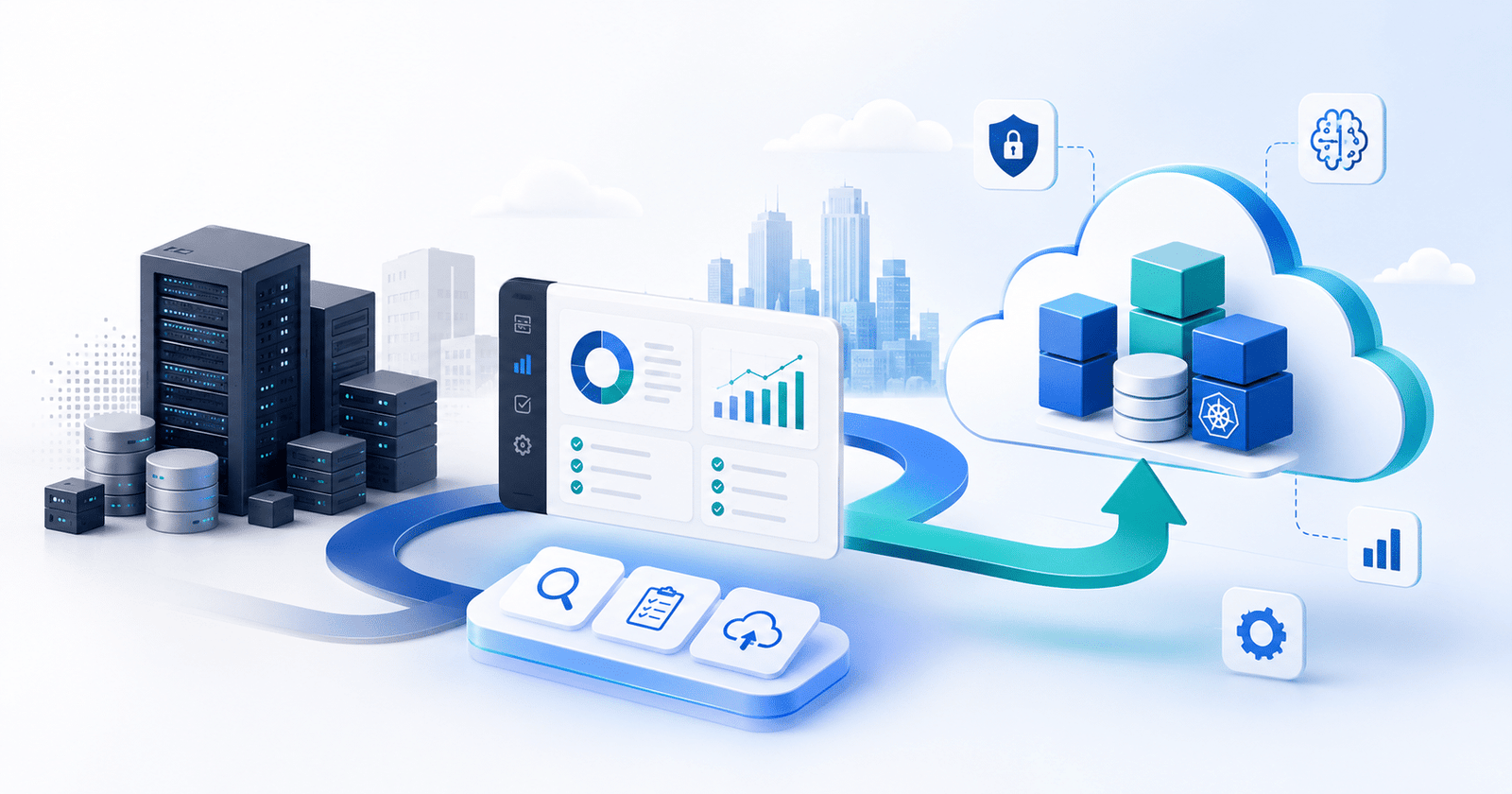 Illustration showing how to choose the right cloud migration strategy through enterprise application modernization, cloud infrastructure, analytics, and AI integration.
