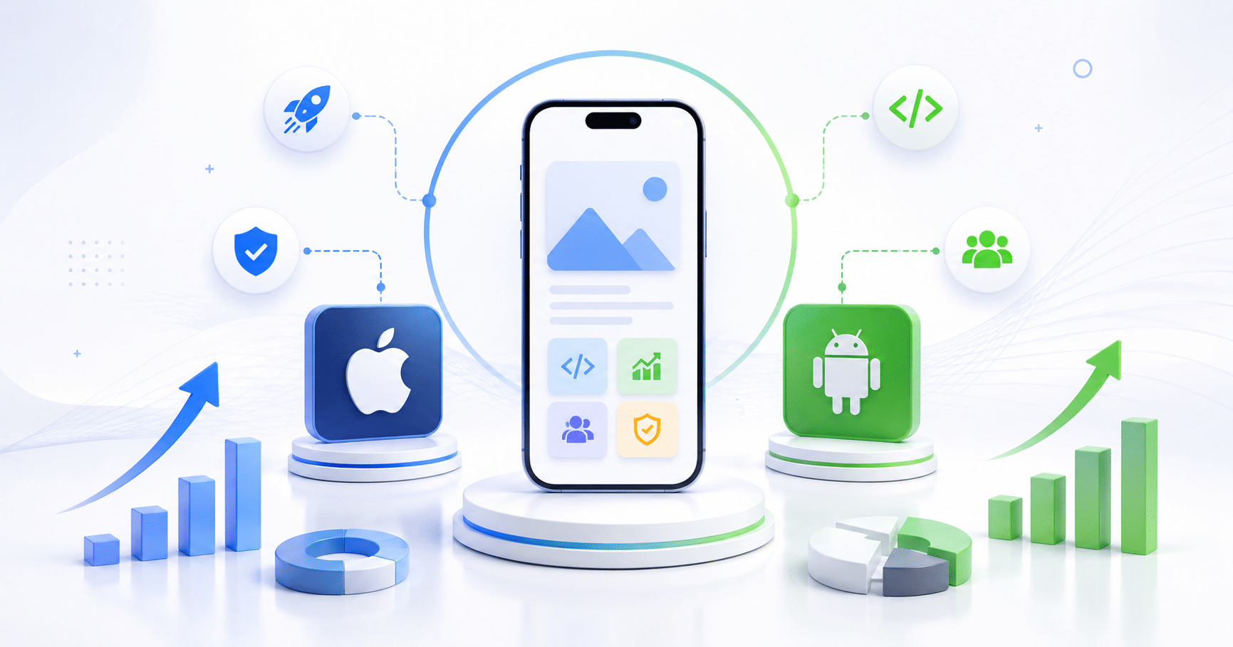 Cross-platform app development illustration showing a unified mobile app strategy for iOS and Android with business growth, scalability, cost optimization, and faster product delivery.
