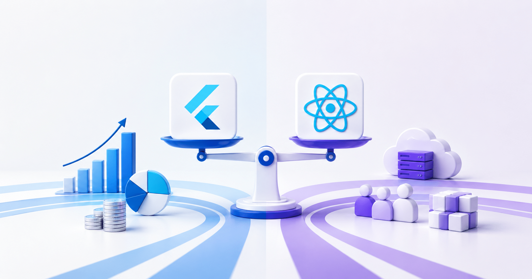 Flutter vs React Native comparison showing enterprise mobile app development, scalability, ROI, cloud infrastructure, and technology strategy concepts