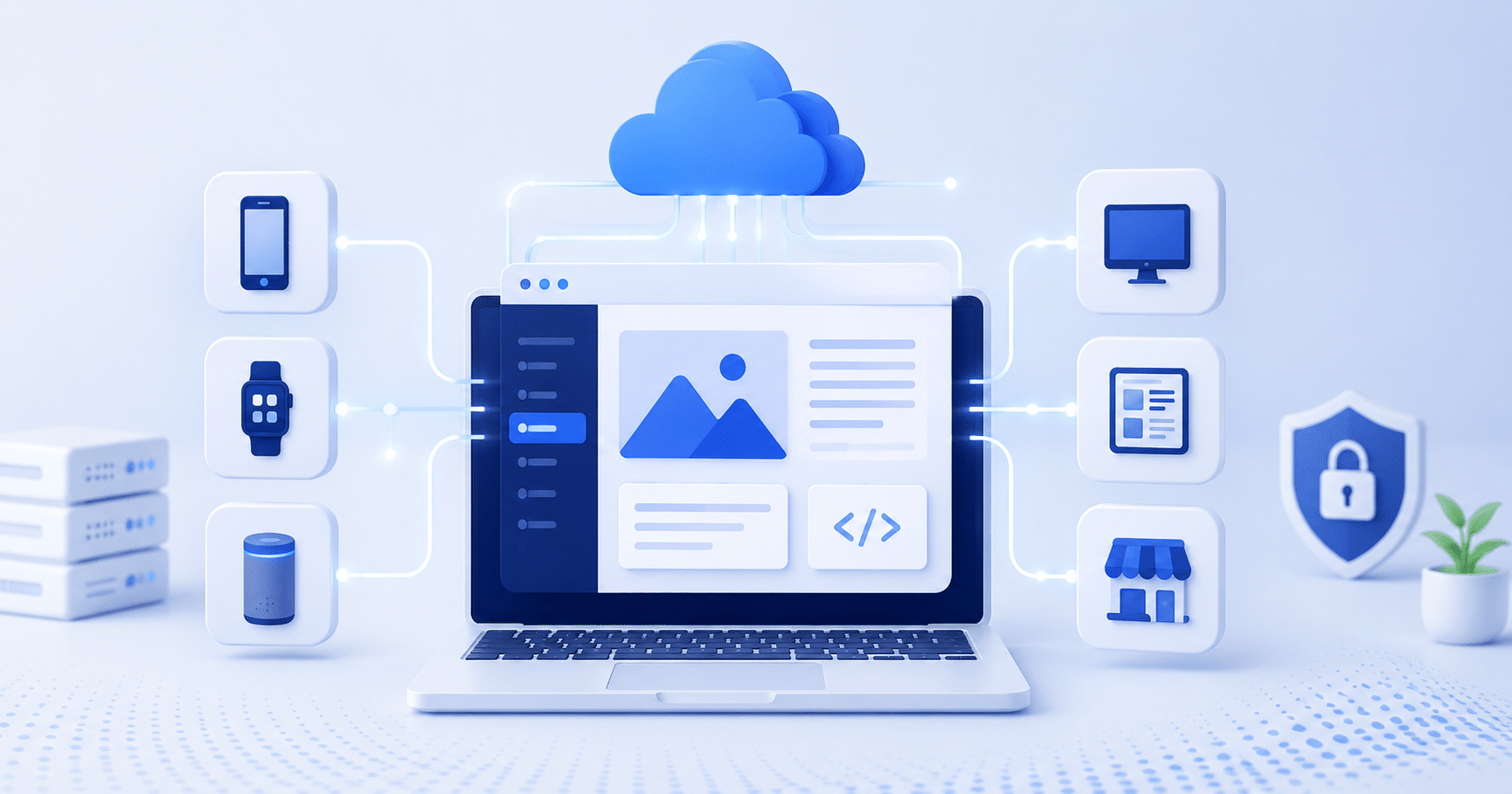 Modern illustration of a headless CMS for business delivering secure content through APIs to websites, mobile apps, and connected digital channels.