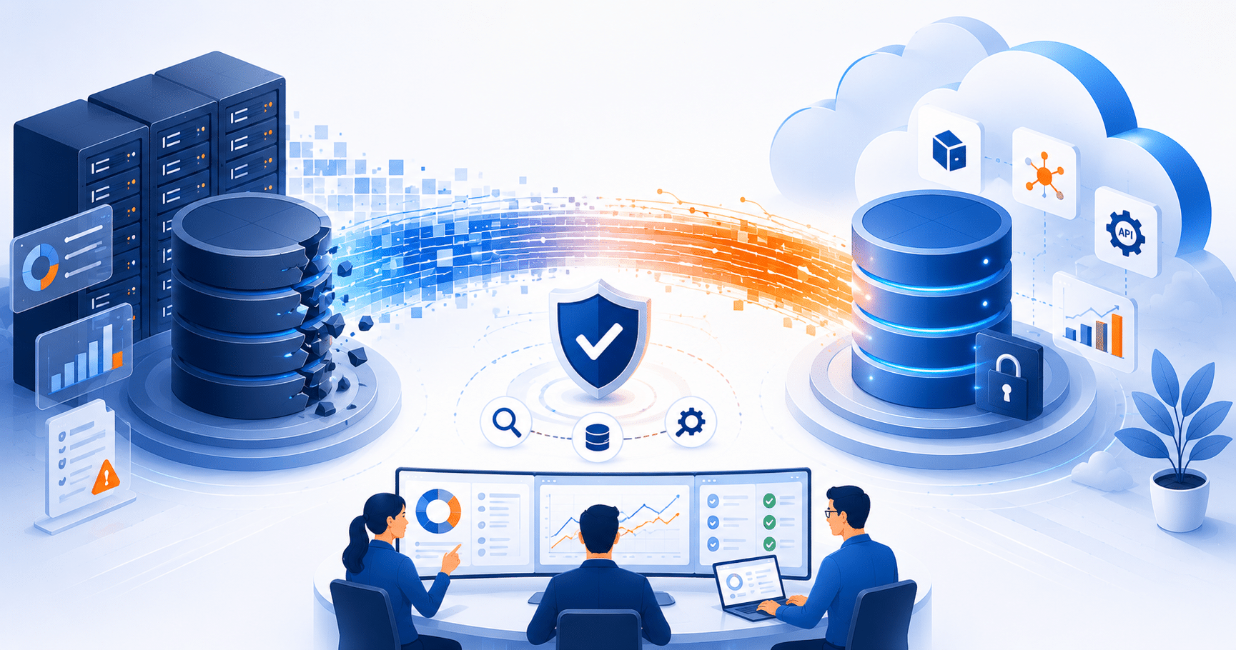 Illustration showing how to avoid data migration budget overruns through secure enterprise database modernization and cloud migration planning.