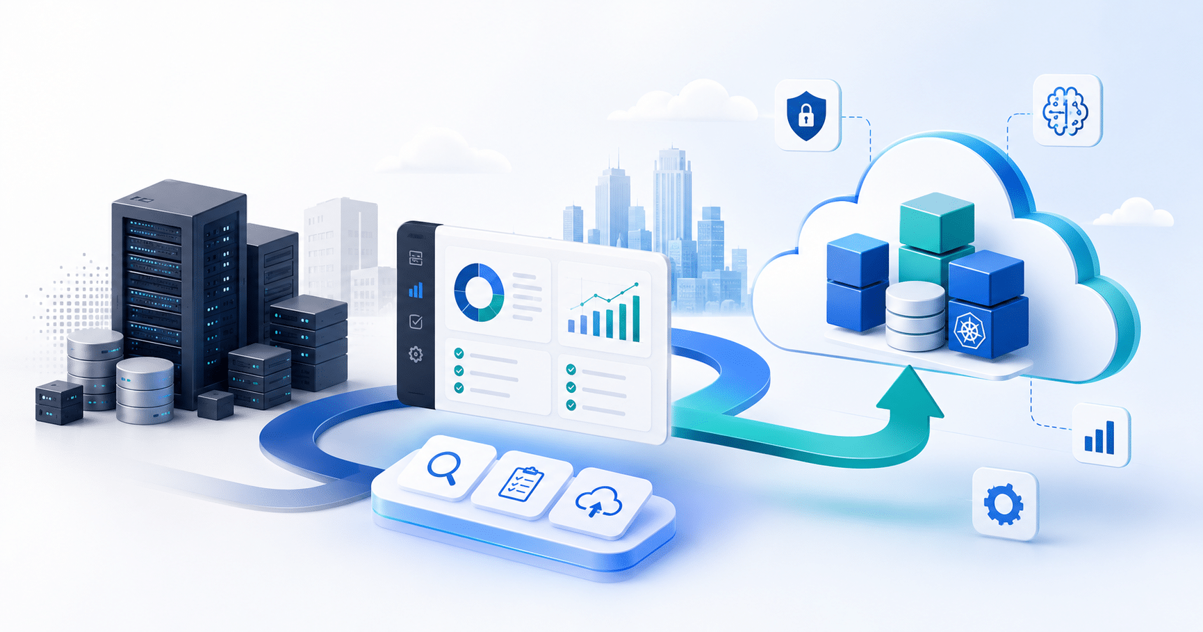 Illustration showing how to choose the right cloud migration strategy through enterprise application modernization, cloud infrastructure, analytics, and AI integration.