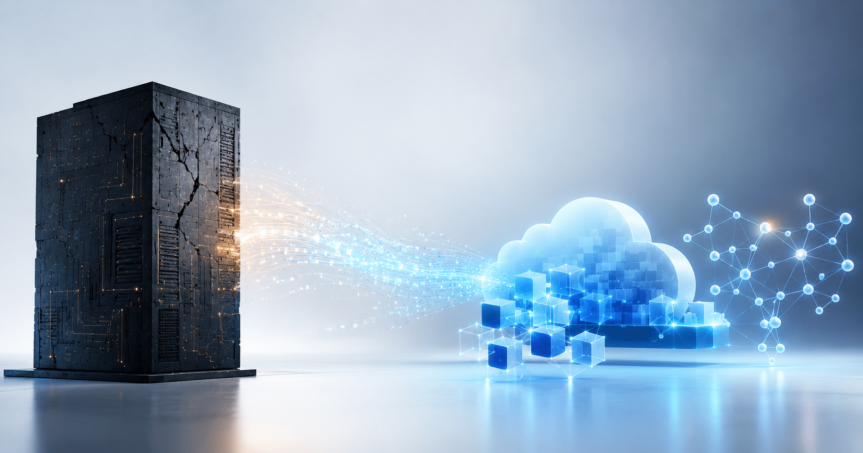 Legacy infrastructure modernization for AI adoption — enterprise systems transitioning from monolithic architecture to cloud-native AI-ready environment