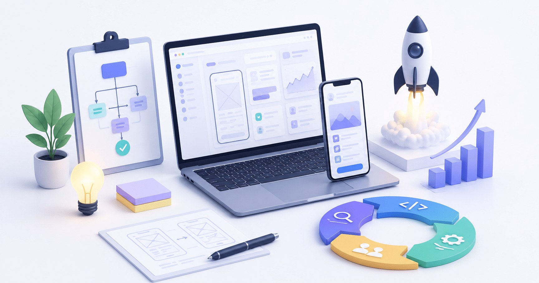 Illustration of MVP app development in 8 weeks showing product planning, wireframing, agile development, and startup product launch
