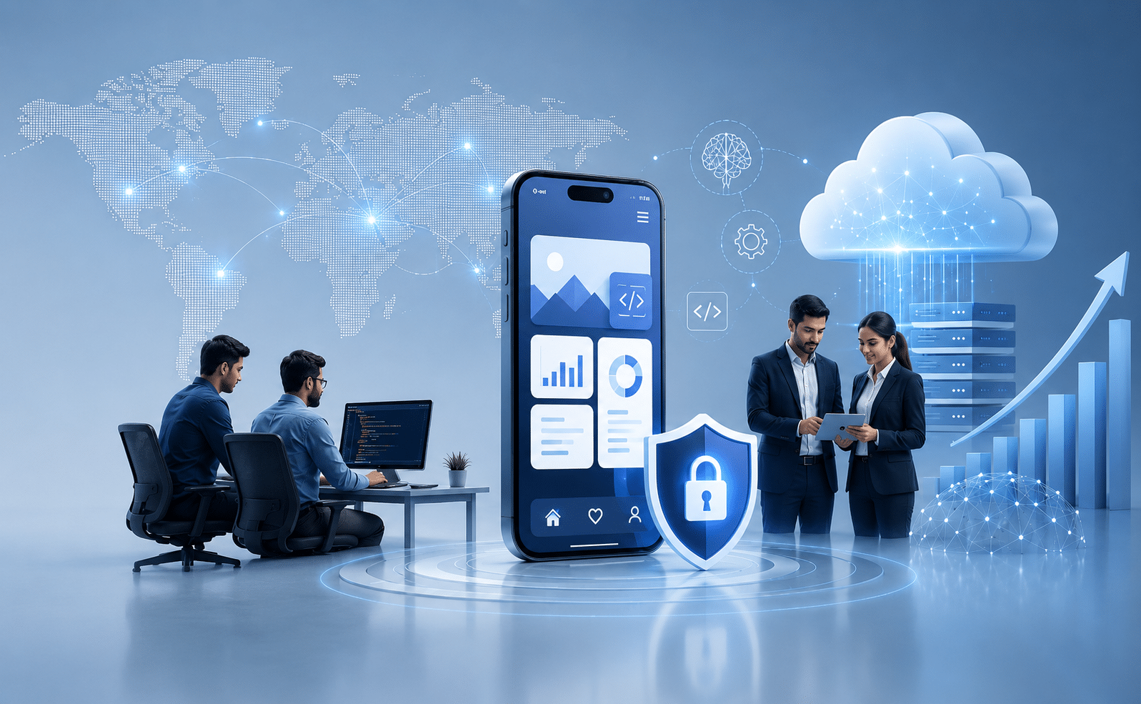 Outsourcing Mobile App Development to India in 2026 featuring global collaboration, AI-driven development, cloud infrastructure, and secure mobile applications.