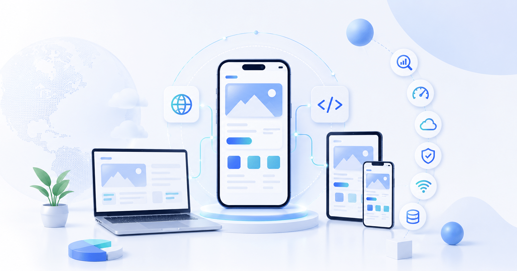 Illustration of a progressive web app for business connected across desktop, tablet, and mobile devices with cloud, security, SEO, and scalability features.