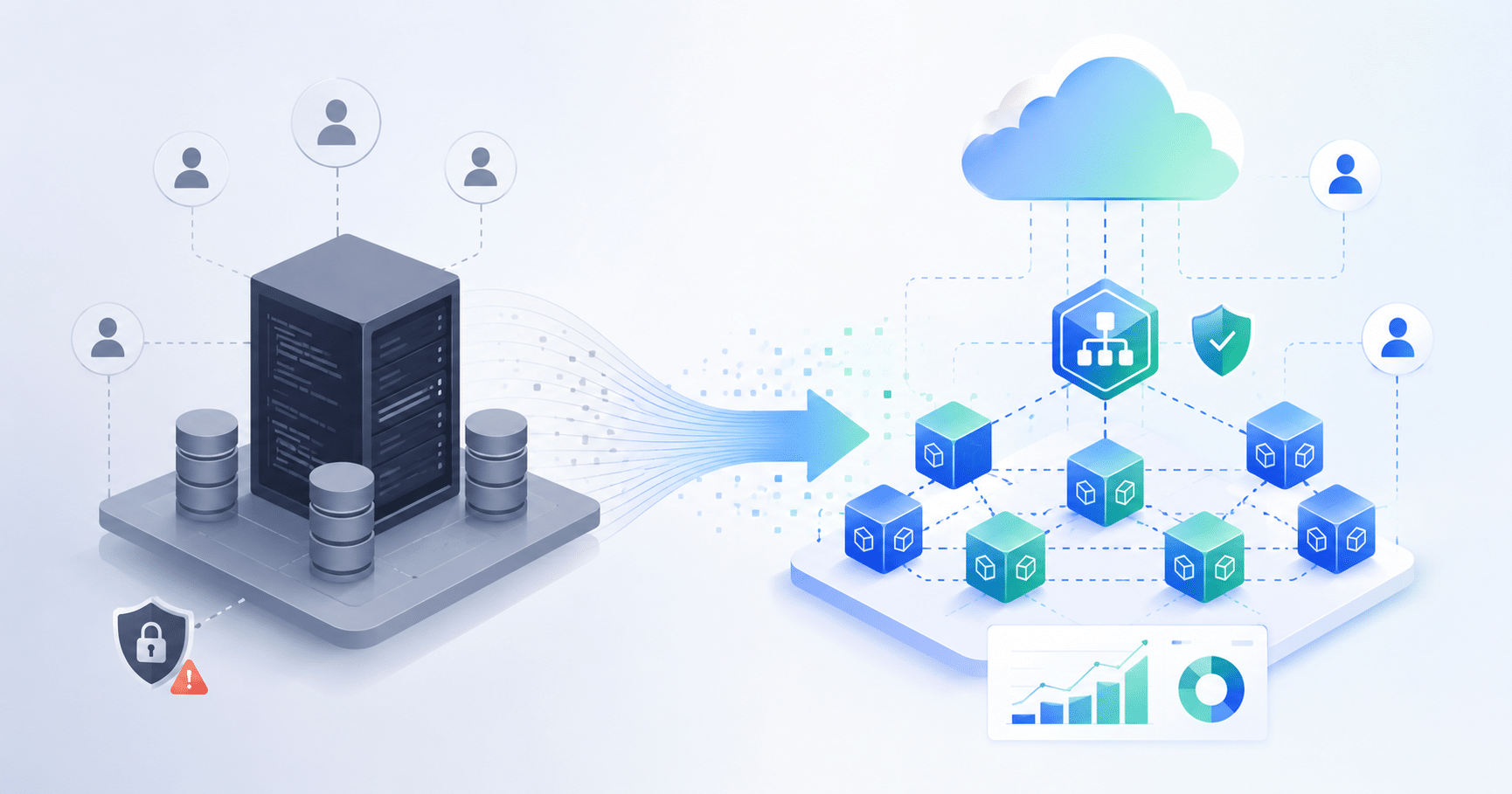 Illustration showing the Strangler Fig Pattern for legacy app modernization by gradually transforming a monolithic application into secure cloud-native microservices.