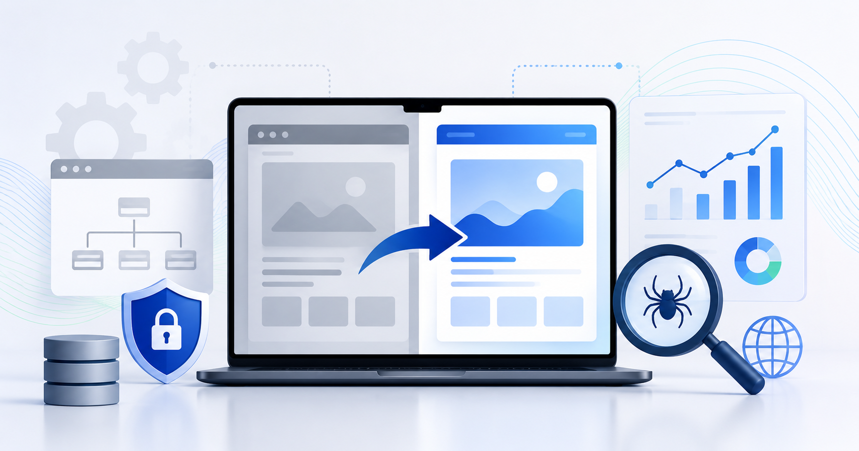 Illustration of a website redesign SEO checklist showing a secure website migration from a legacy platform to a modern architecture while preserving search performance.