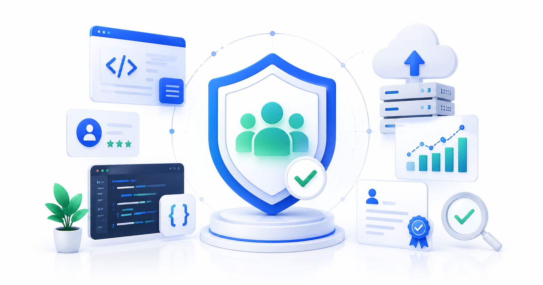 Premium illustration representing E-E-A-T SEO for IT companies with trust, security, expertise, authority, and technical credibility signals