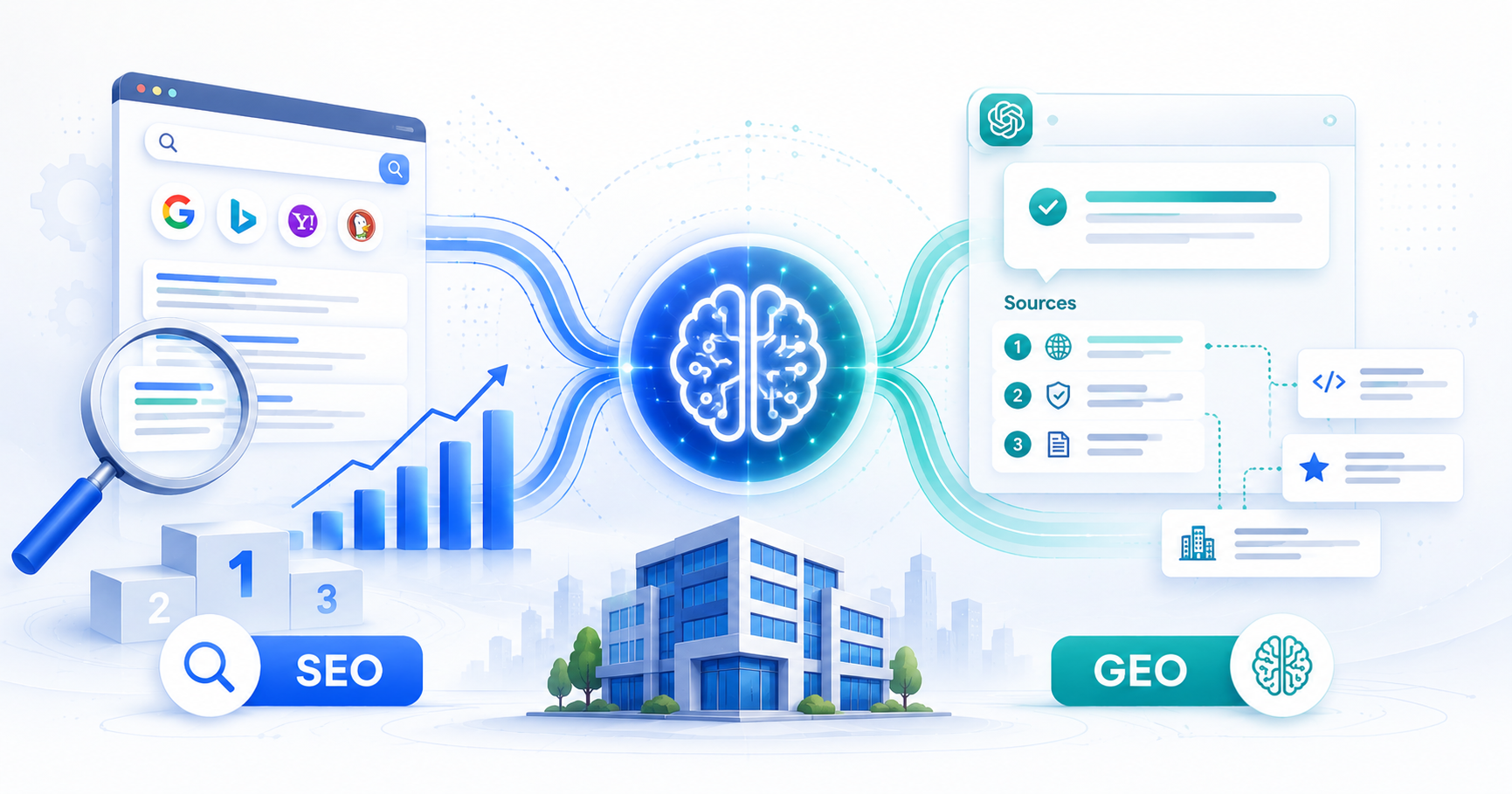 GEO vs SEO for IT companies illustrated through traditional search and AI-powered citation workflows driving enterprise customer discovery.