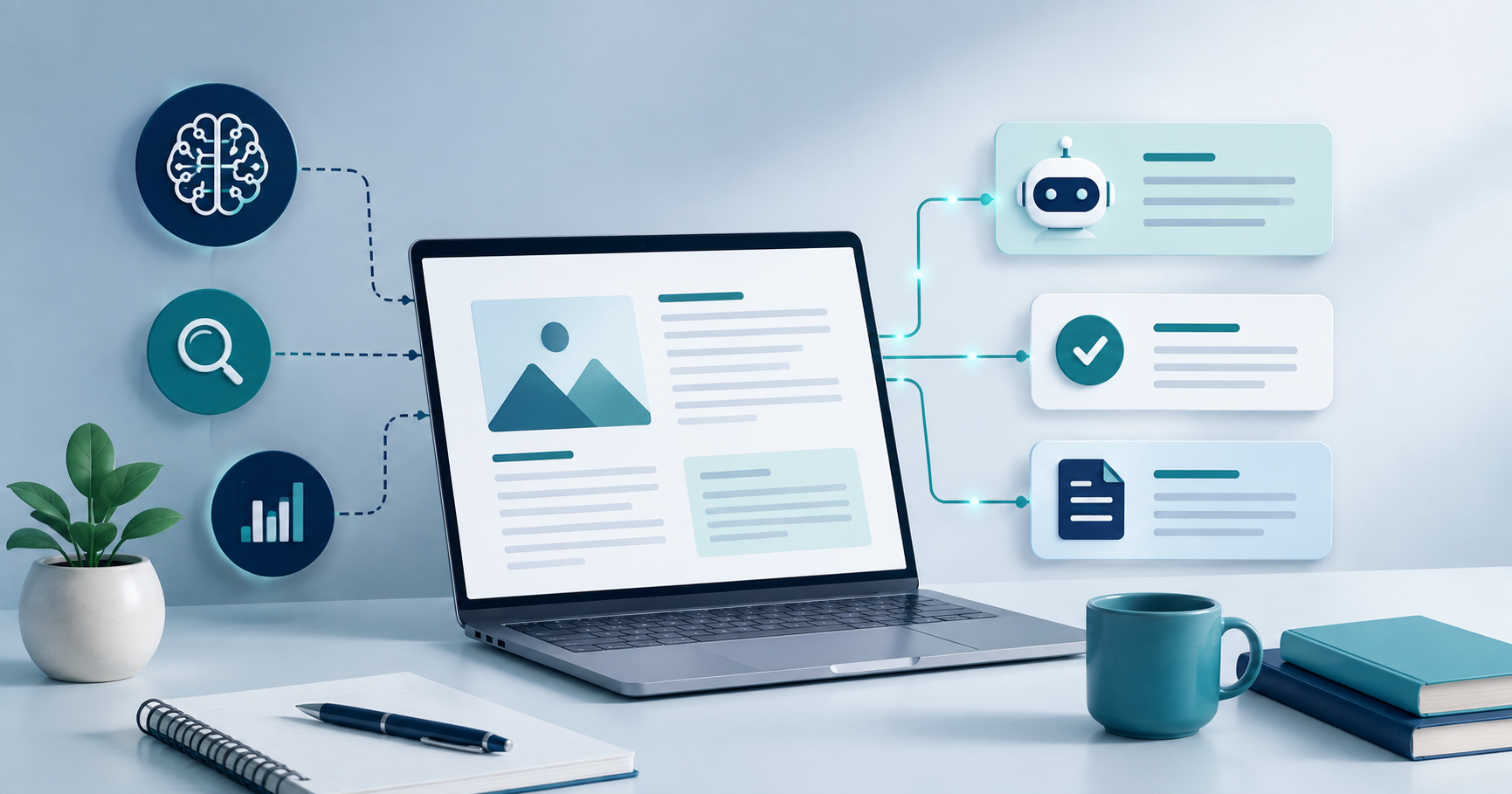 Modern illustration showing how to optimize blog posts for Google AI Overviews using structured content, AI search, and content optimization elements.