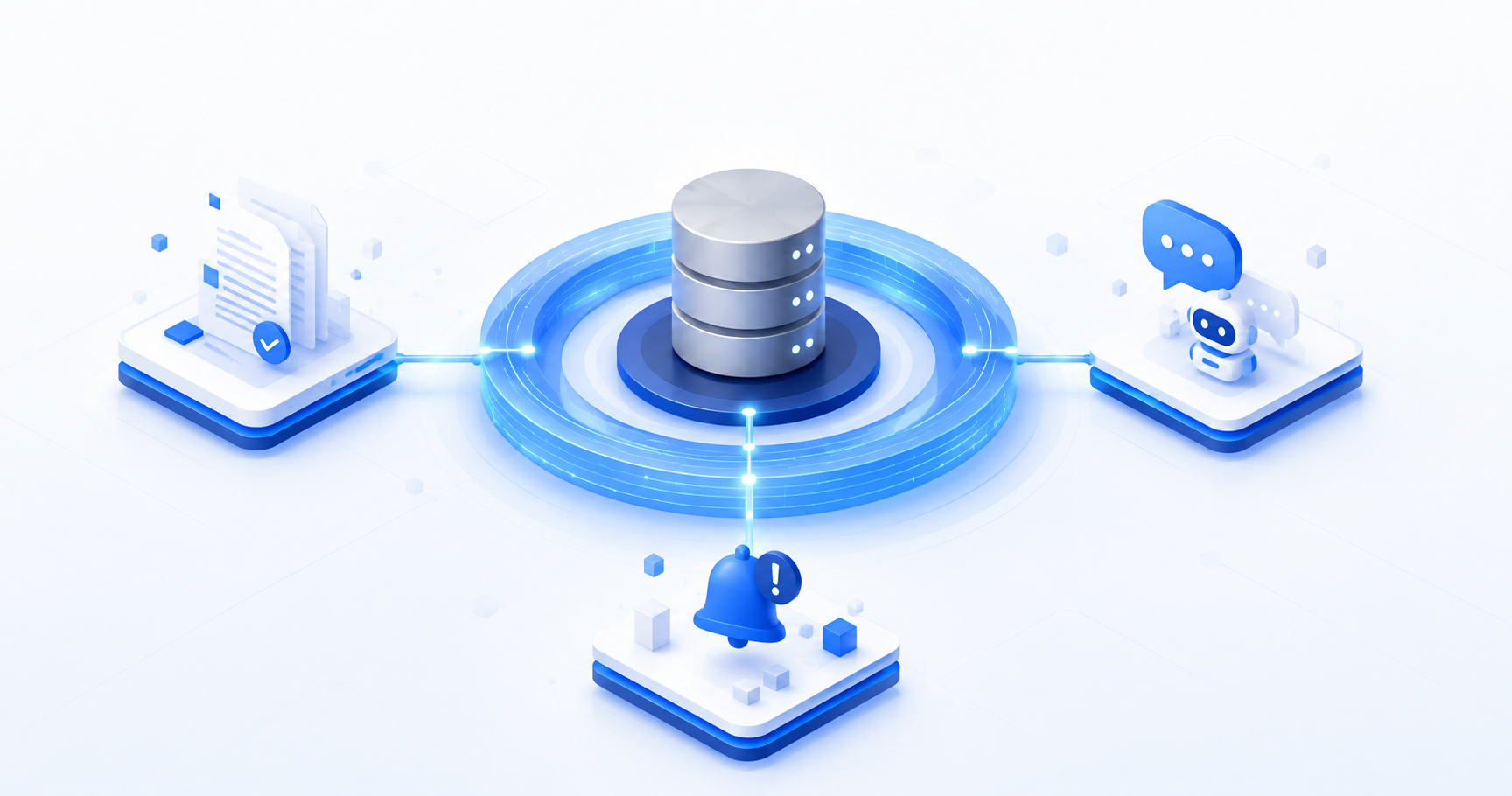 modernize legacy ERP with AI illustrated as a glowing AI agent ring wrapping a legacy database cylinder
