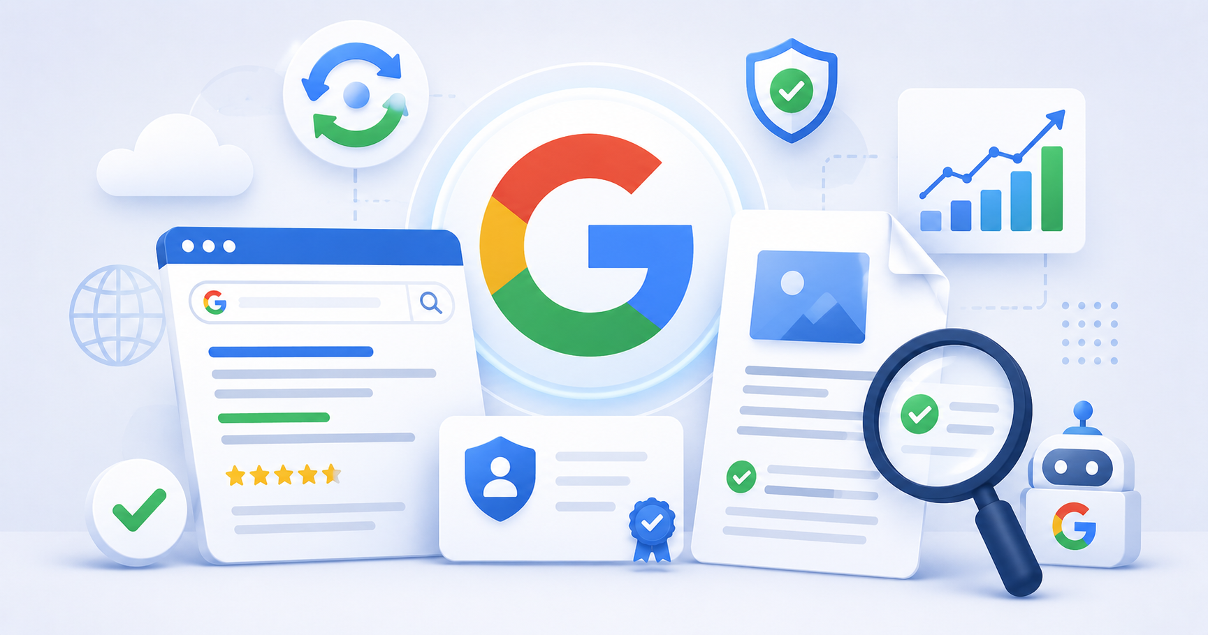 Illustration showing what Google's Core Update means for good content through Google Search, content quality, trust signals, and SEO analysis.
