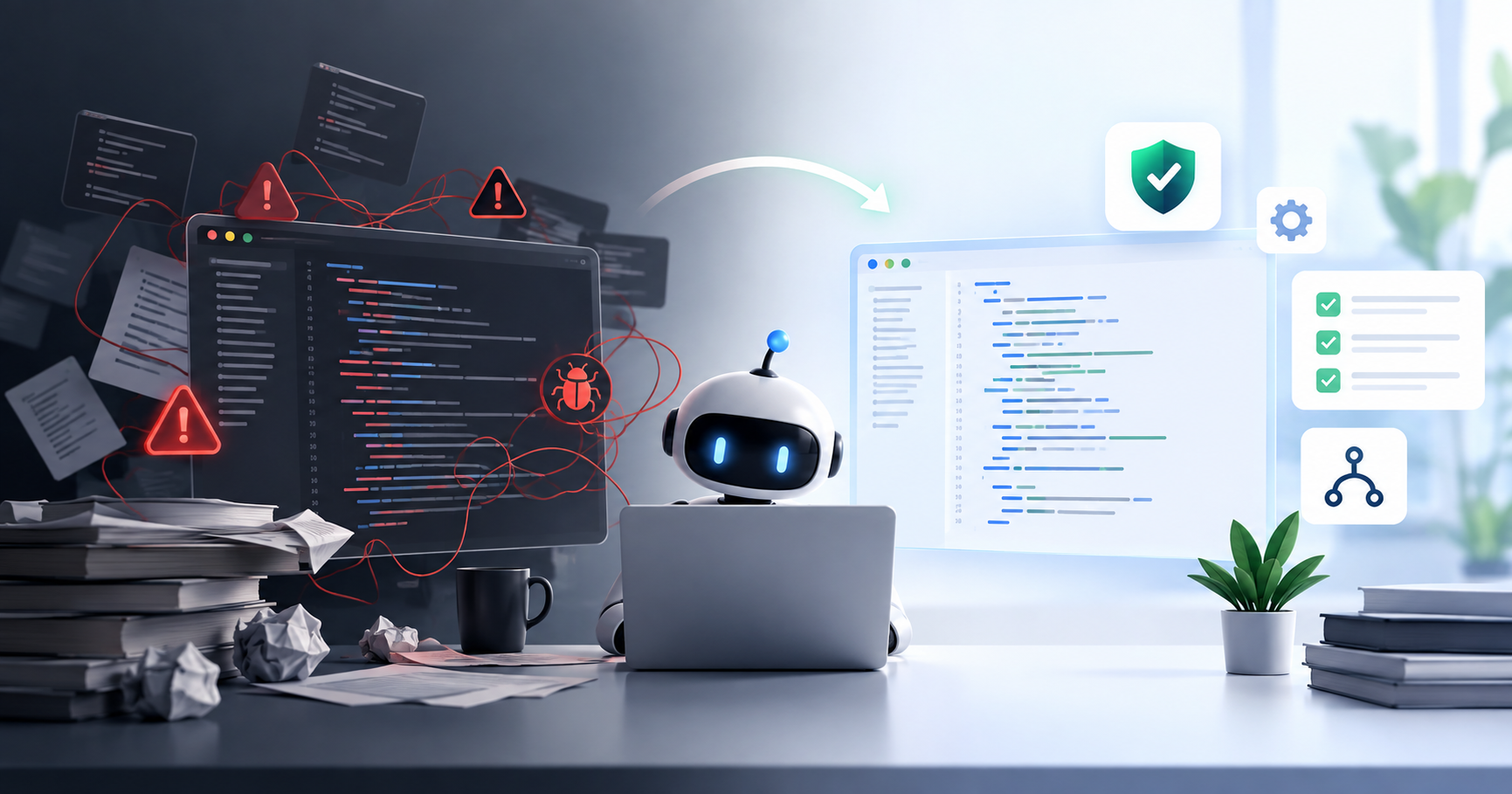 AI code slop illustration showing AI-generated code with security issues transformed into clean, reviewed software