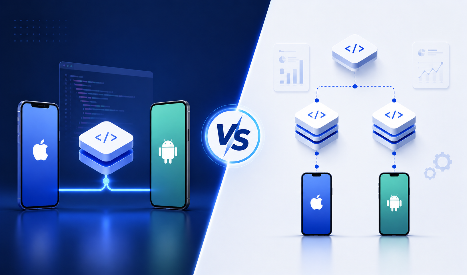 cross platform vs native app development cost comparison showing single streamlined codebase versus dual native pipeline architecture