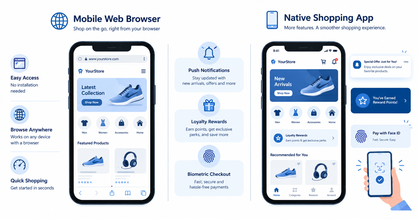 Strategic decision framework comparing responsive e-commerce web stores against dedicated native mobile shopping apps