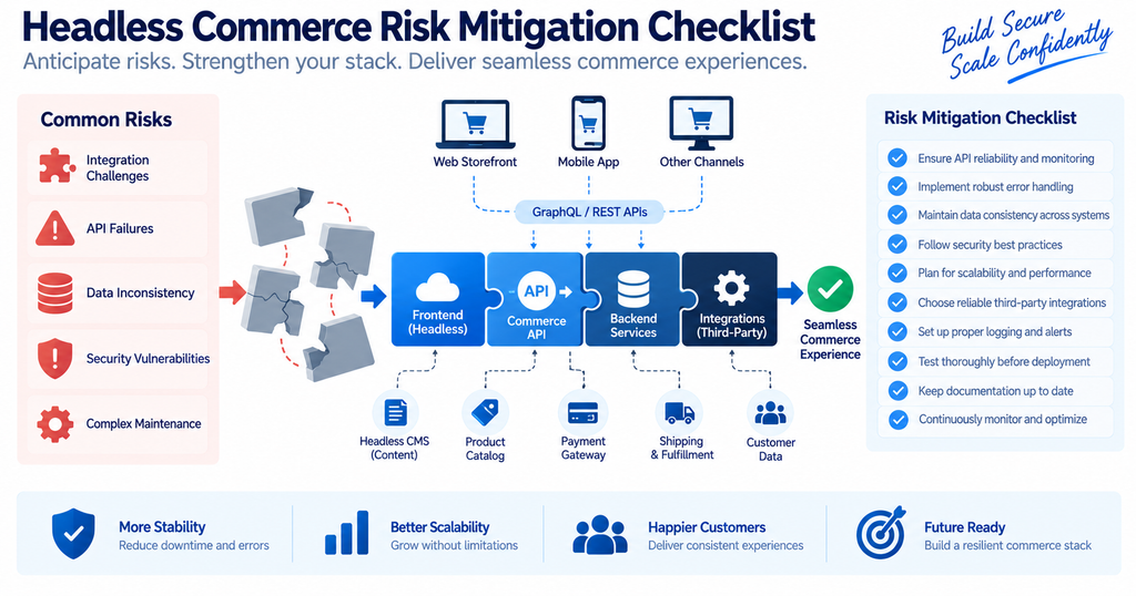 Warning checklist showing common pitfalls to avoid during a headless commerce implementation