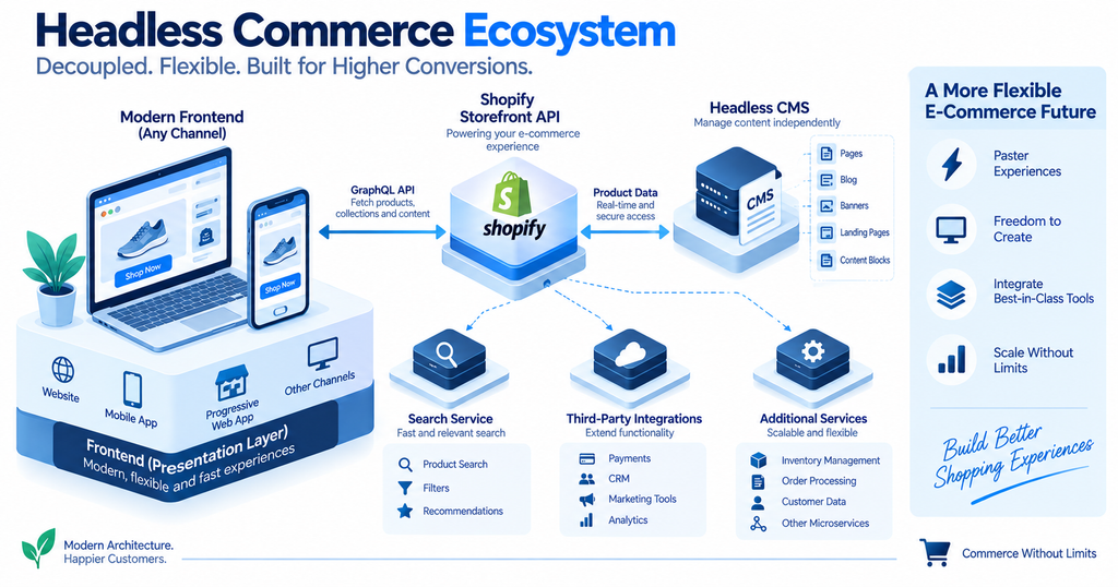 Diagram showing headless commerce data flow connecting Next.js frontend to Shopify Storefront GraphQL API and Sanity CMS