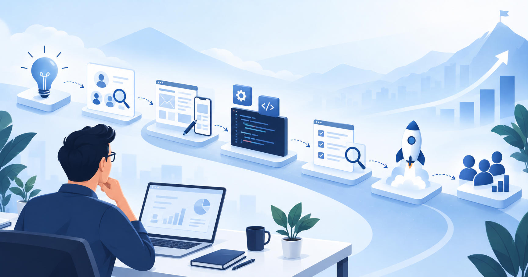 SaaS product development process from idea and discovery through design, development, testing, launch, and customer growth