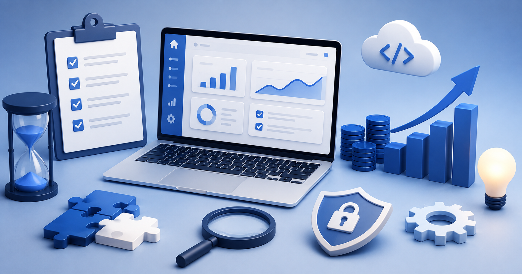 Illustration of a SaaS product dashboard surrounded by development, security, planning, and analytics elements