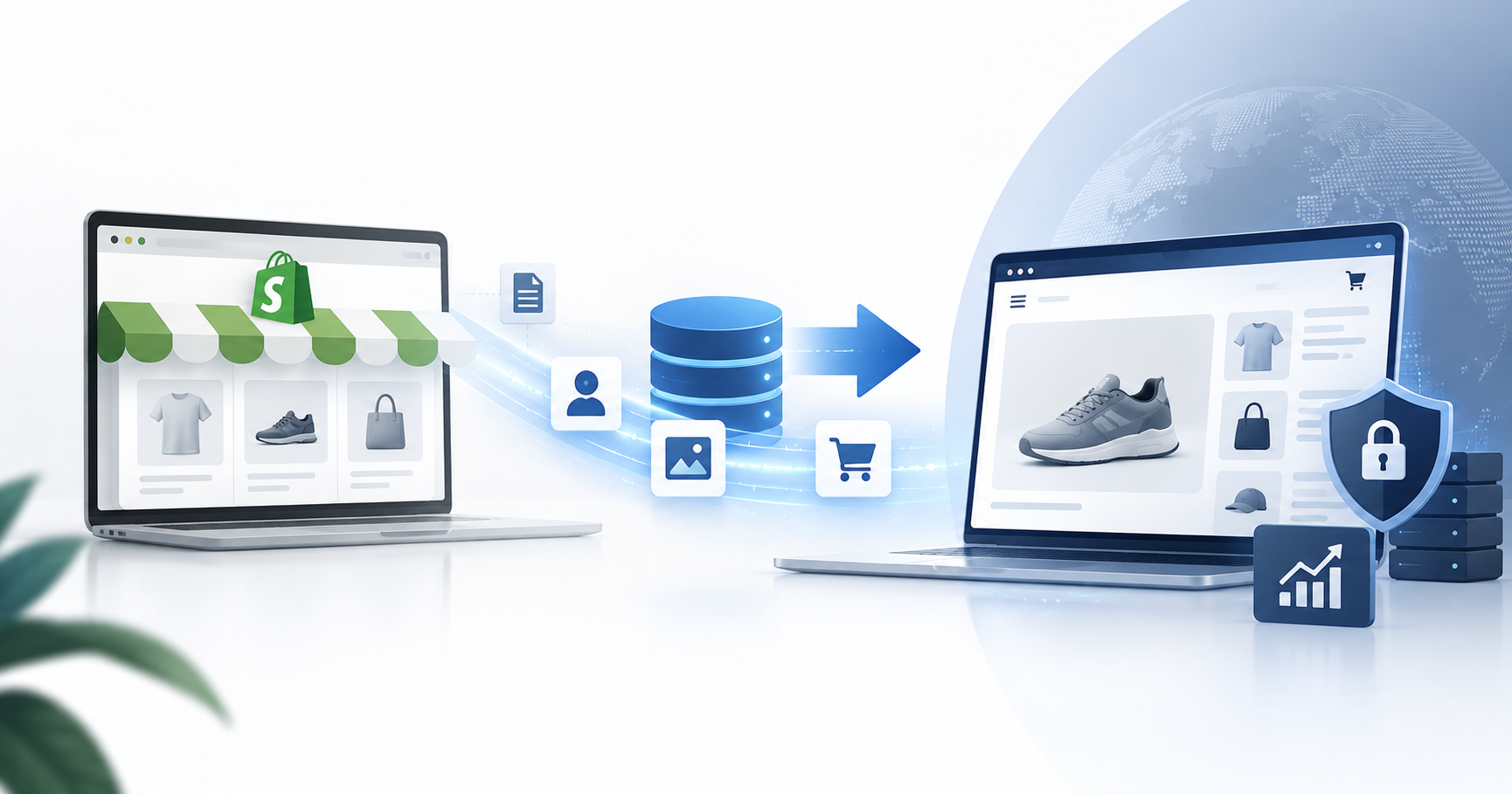 A visual comparison of Shopify vs custom e-commerce platforms during a secure migration